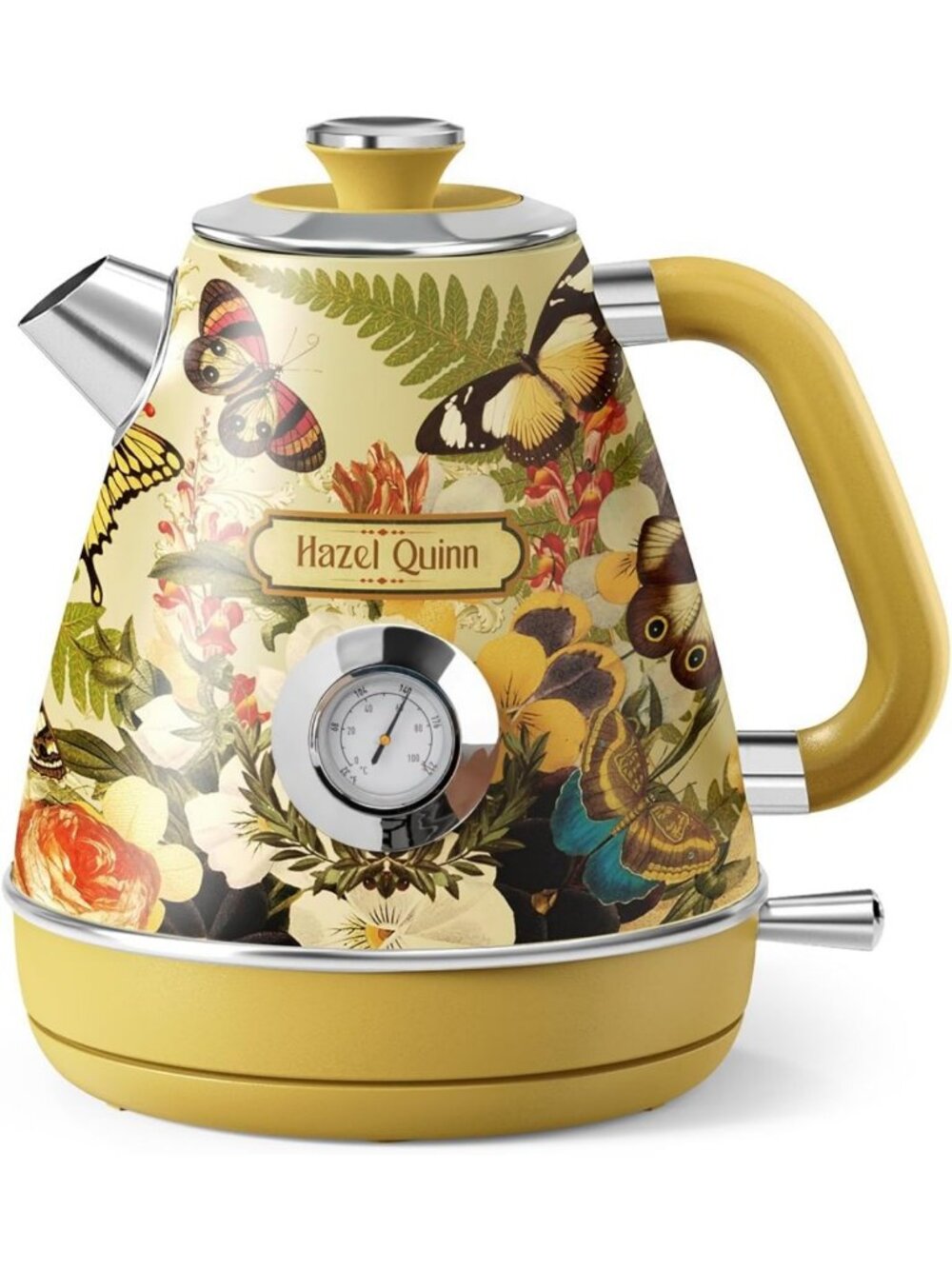 Retro Floral Electric Kettle with Thermometer - Vintage Style Kitchen Appliance